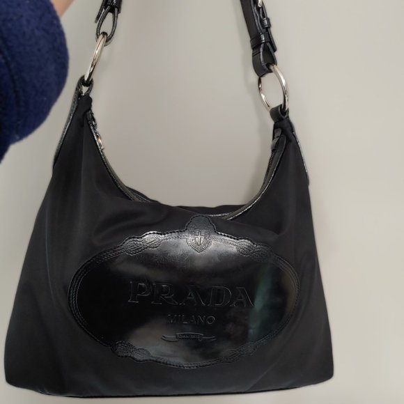 Prada Handbags - PRADA NYLON/LEATHER BLACK HOBO